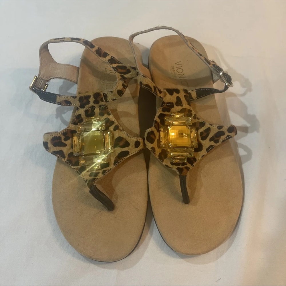 Vionic Tatiana Sandals Womens 9 Tan Leopard Print Calf Hair Jeweled Ankle Strap-